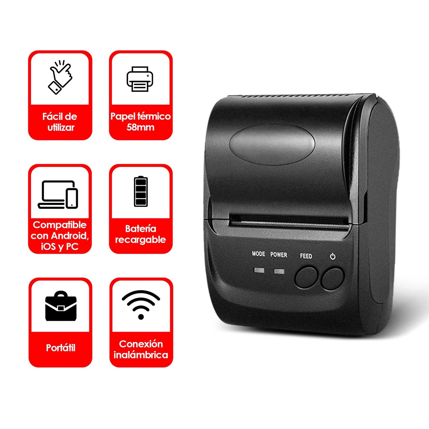 Mini Impresora Térmica Portátil Bluetooth, Inalámbrica, Para Tickets y Recibos POS PDV, 58mm