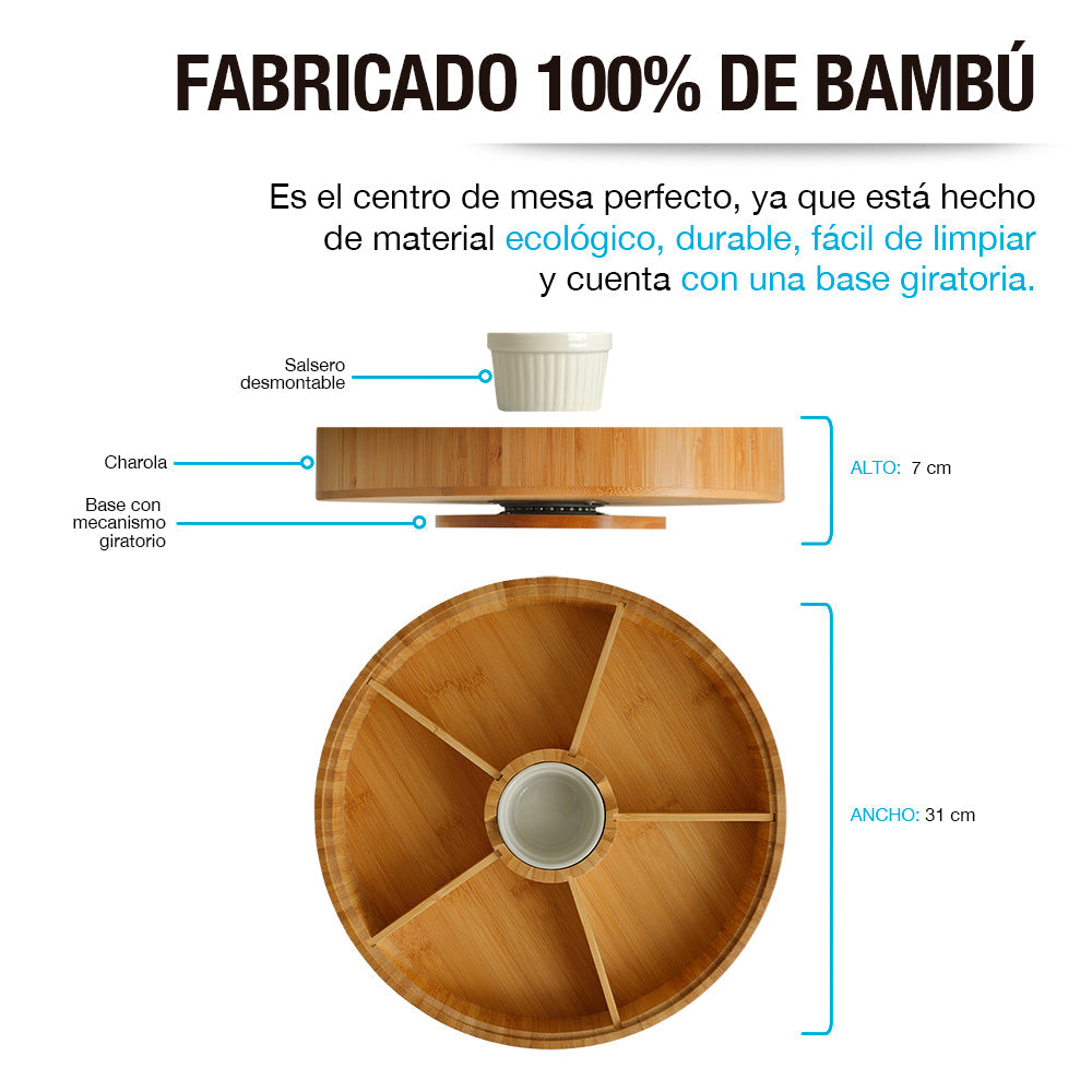 Botanero Giratorio de Bambú con Salsero de Cerámica