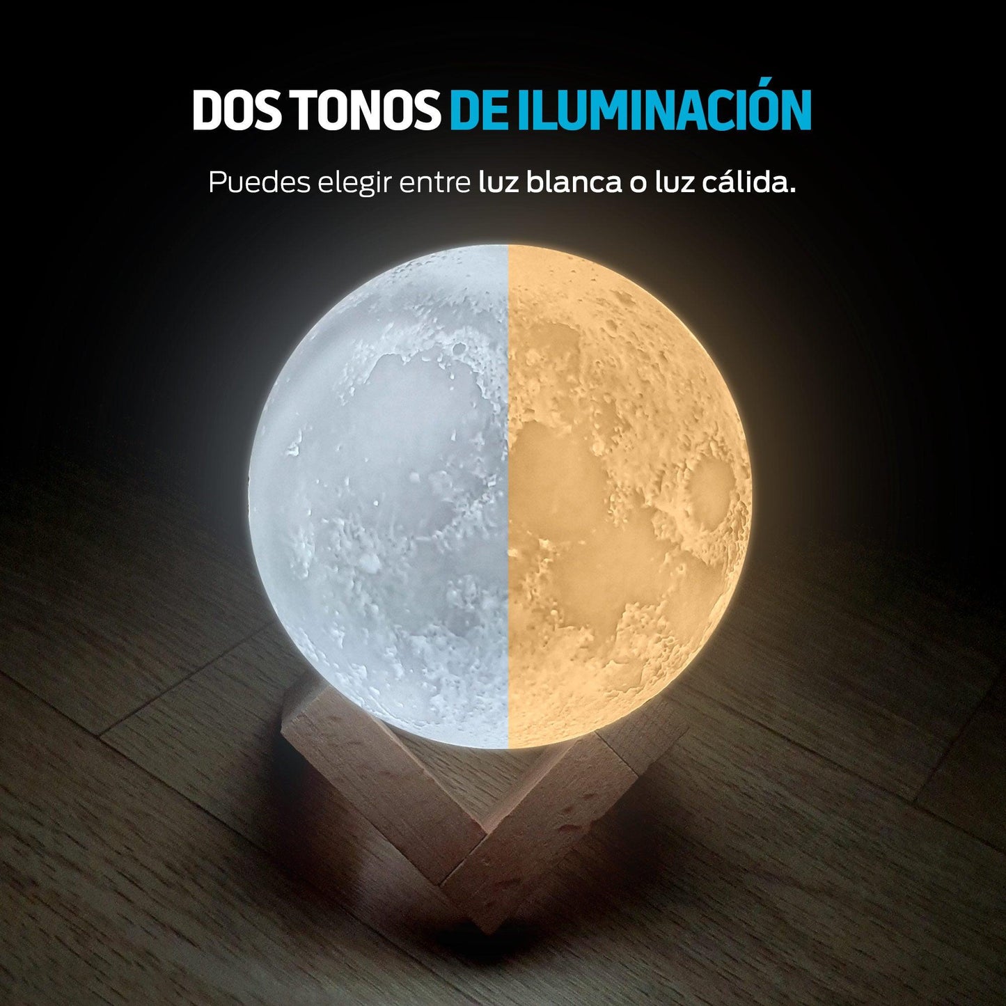Lámpara de Luna en Impresión 3D(12cm) con 2 Colores LED