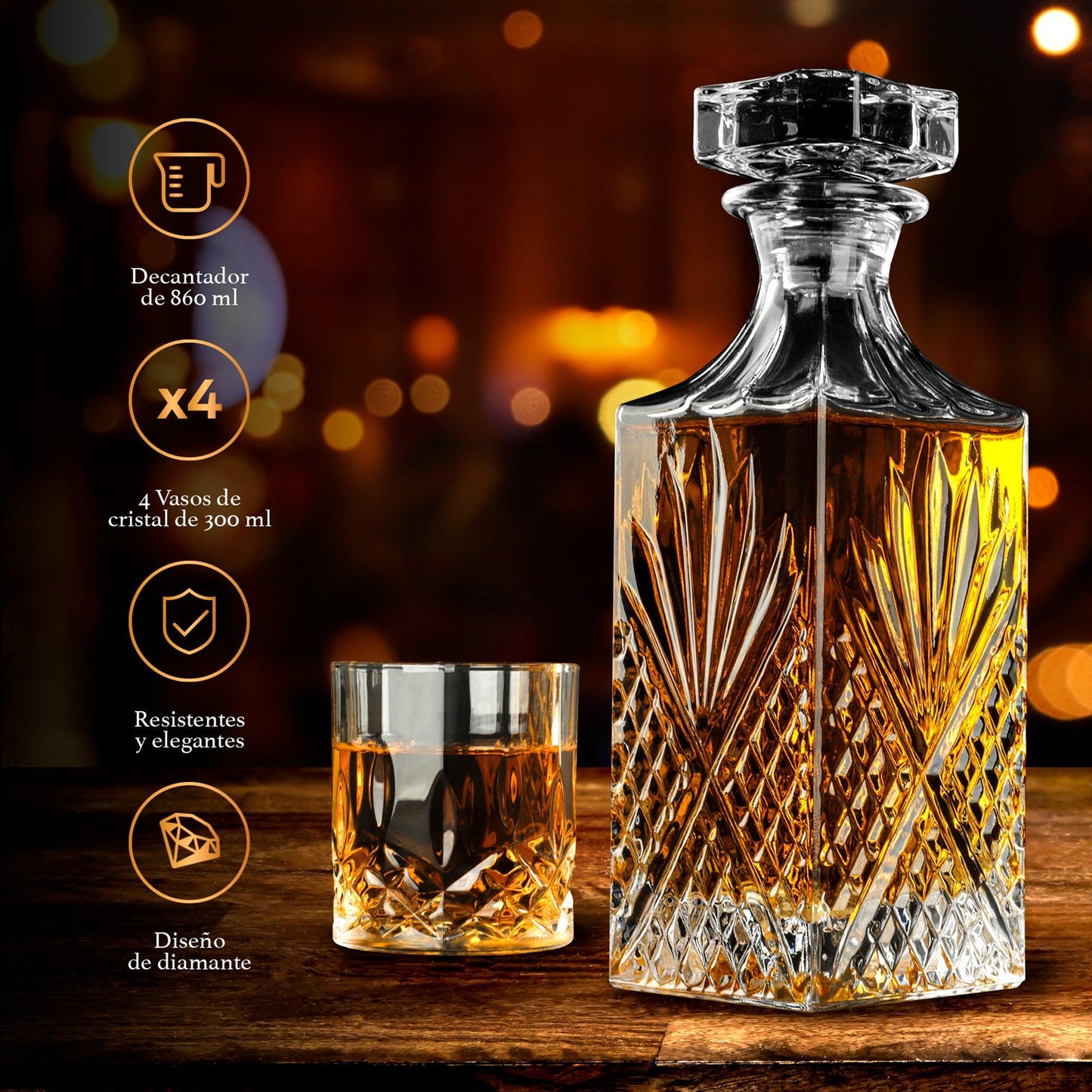 Vasos de Vidrio para Whisky (4 Pz) con Decantador de Cristal (860 ml)
