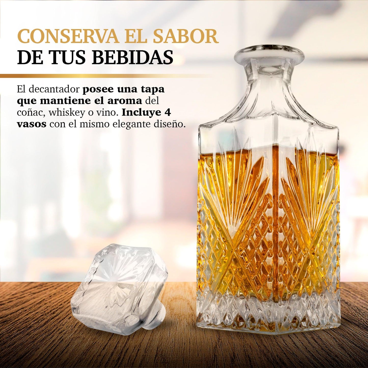 Vasos de Vidrio para Whisky (4 Pz) con Decantador de Cristal (860 ml)