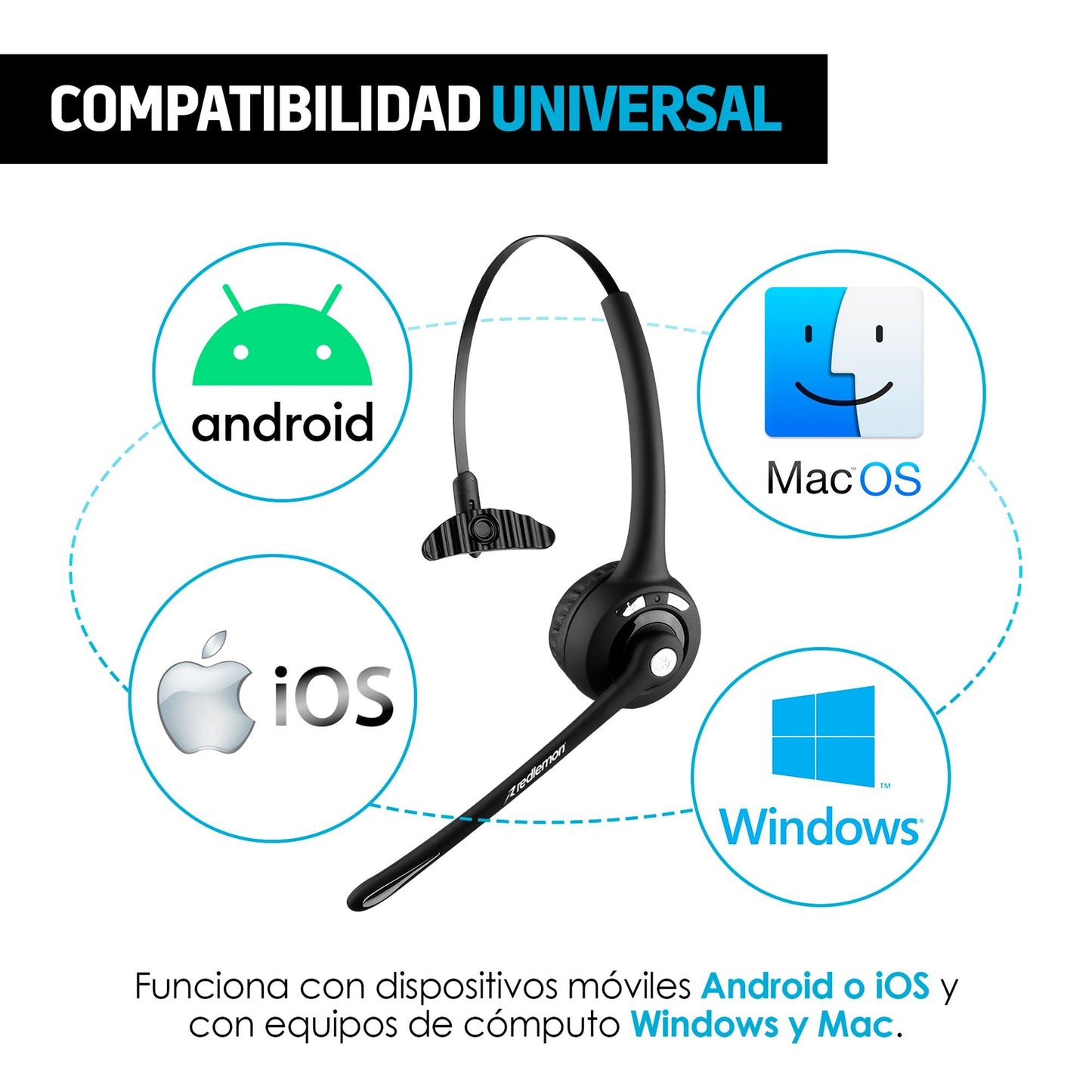 Audífono Bluetooth de Diadema con Micrófono Inalámbrico tipo Call Center para PC, Laptop, Mac, Windows, Android e IOS (iPhone)