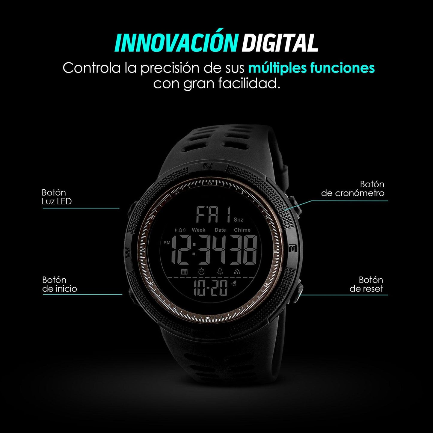 Reloj Deportivo Resistente Agua Digital, Alarma, Cronómetro 1251